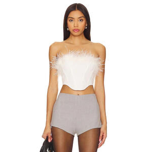 Superdown elsie corset top white strapless cropped feather trim Size XS NWT